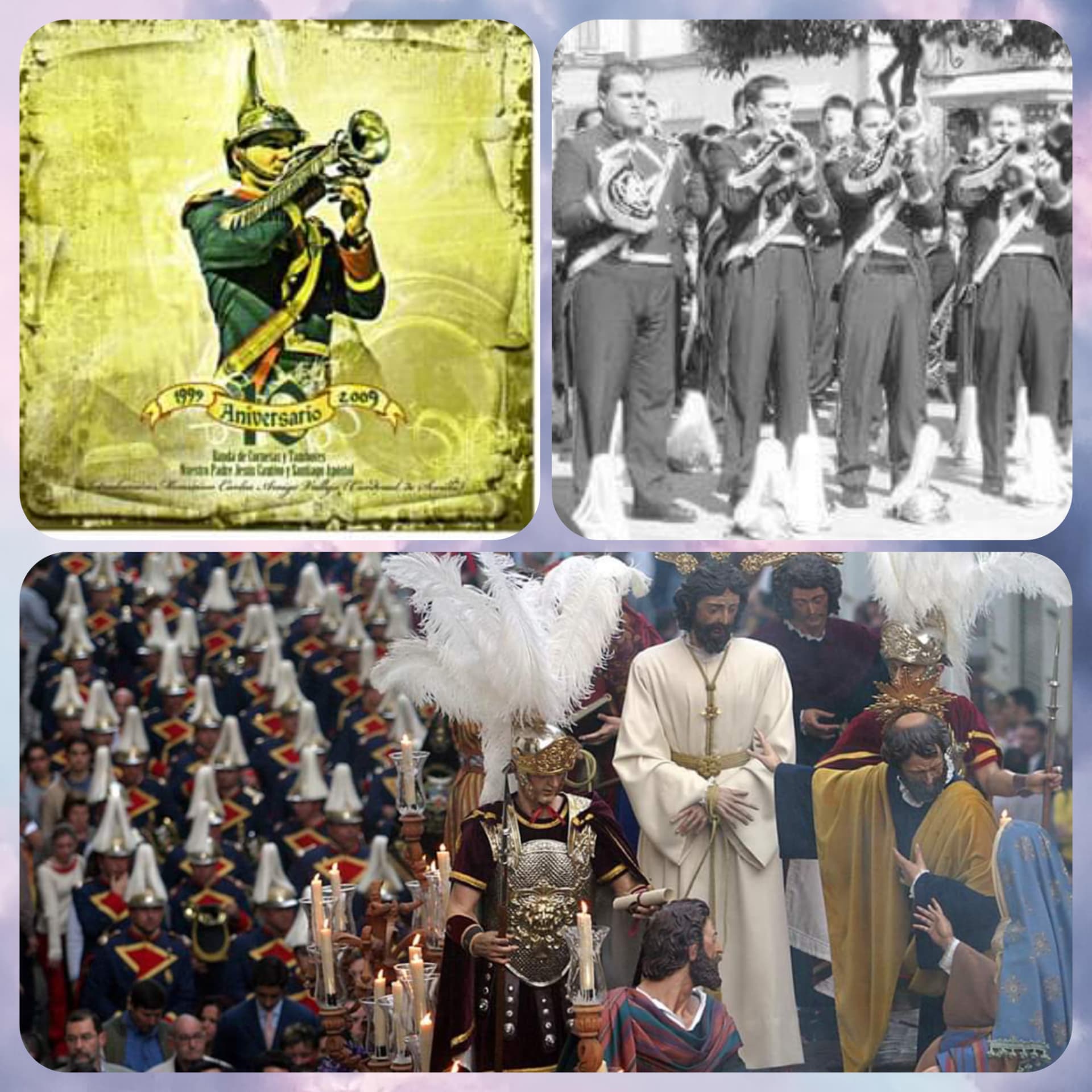 Collage con la carátula del X Aniversario, una foto histórica de la banda y una procesión
